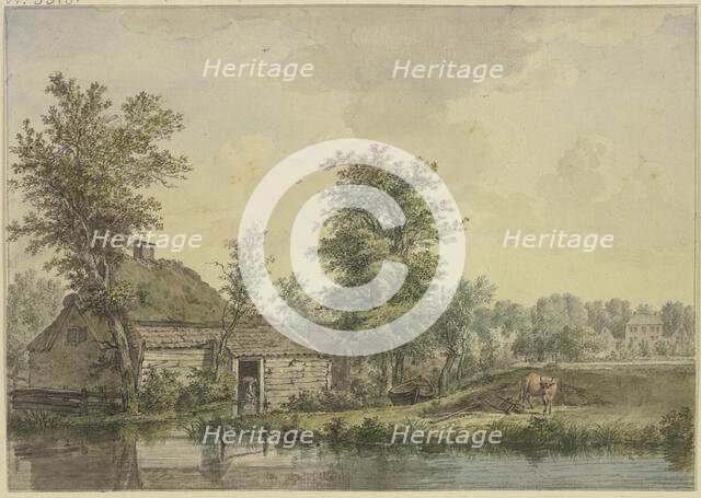 Farmhouse by the water, a cow by a wheelbarrow. Creator: Jacobus van Liender.