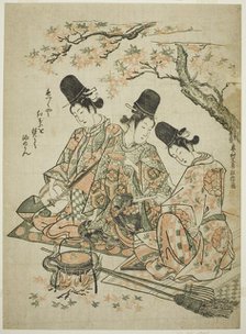 Parody of Palace Attendants Burning Maple Leaves to Heat Sake from "The Tale of Heike", c. 1750. Creator: Okumura Masanobu.