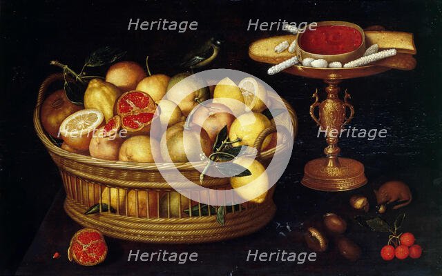 Basket of citrus fruits and étagère with sweets, 1620-1622. Creator: Godin (Codino), Franz (Francesco) (c. 1590-after 1621).
