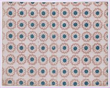 Sheet with overall pattern of pink flowers with blue centers, 19th century. Creator: Anon.