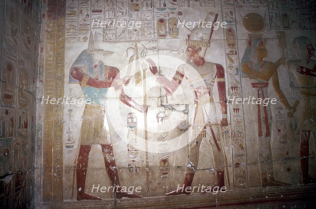 Painted relief of Sethos before Anubis, Temple of Sethos I, Abydos, Egypt, 19th Dynasty, c1280 BC. Artist: Unknown