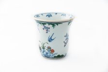 Beaker with underglaze blue birds, grasses and flowers, 1660-1677. Artist: Unknown.