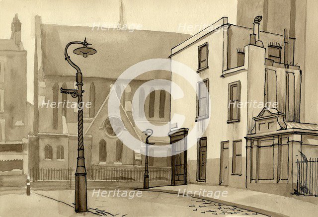 Lamppost and church, c1951. Creator: Shirley Markham.
