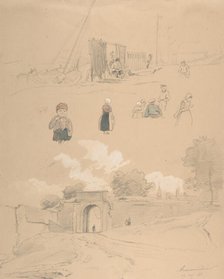 Study Sheet with Figures and Landscapes at Arnemuiden (near Middelburg..., mid-19th century. Creator: Pierre Louis Dubourcq.