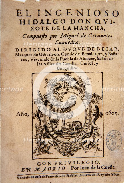 Cover of the first edition of the book 'Don Quijote de La Mancha', Madrid, Juan de la Cuesta, 1605.