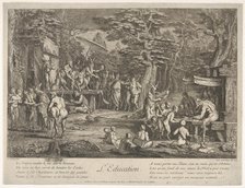 The Education (L'Education): in a forest, to right an old satyr instructor holdin..., ca. 1700-1720. Creator: Claude Gillot.