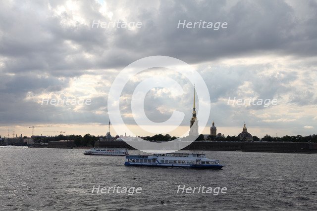 Tourist boats on the Neva in front of the Peter and Paul Fortress, St Petersburg, Russia, 2011. Artist: Sheldon Marshall
