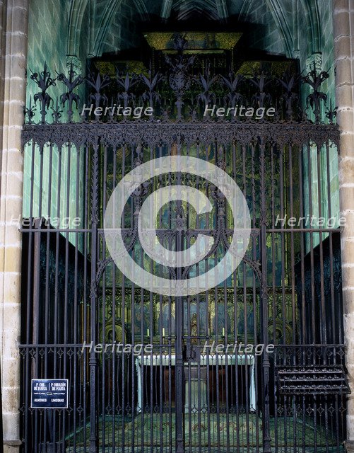 Wrought iron gate of the chapel of Saint Sebastian and Saint Tecla in the Barcelona Cathedral.