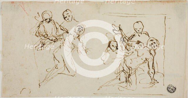 Two Composition Sketches of Collapsing Figure Supported by Two Other Figures..., 1637/1689. Creator: Baldassare Franceschini.