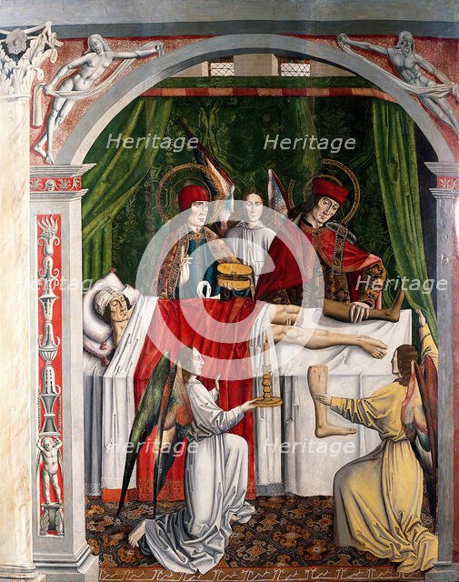 A verger's dream: Saints Cosmas and Damian performing a miraculous cure by transplant..., 1495. Creator: Master of Balbases.