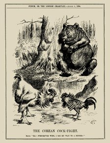 The Korean Cock-Fight. Bruin: "Ha! - Whichever wins, I see my way to a dinner!" Punch, Aug 4, 1894. Creator: Tenniel, Sir John (1820-1914).