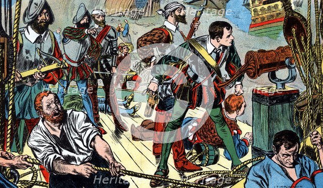 The 'Revenge' engaging the Spanish fleet off Flores, 1591 (c1900). Artist: TM Robinson