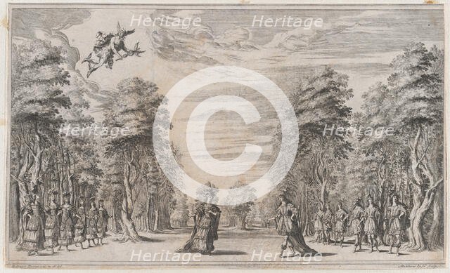 A man and a woman conversing at center, surrounded by a row of young men to the right and ..., 1668. Creator: Mathäus Küsel.