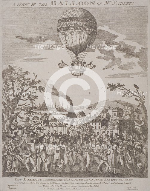 View of James Sadler's balloon over Mermaid Gardens, Hackney, London, 1811.  Artist: Anon