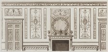 Interior design of wall with door, fireplace, panels and benches (in "Designs for Various ..., 1784. Creators: Michelangelo Pergolesi, Francesco Bartolozzi.