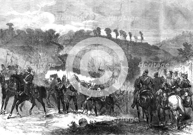 The Three Emperors at Berlin: military manoeuvres near Spandau - cavalry crossing pontoon, 1872. Creator: Unknown.