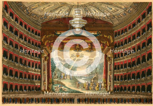 La Scala opera house in Milan, Festive Interior. Curtain design by Angelo Monticelli, c 1830. Creator: Anonymous.