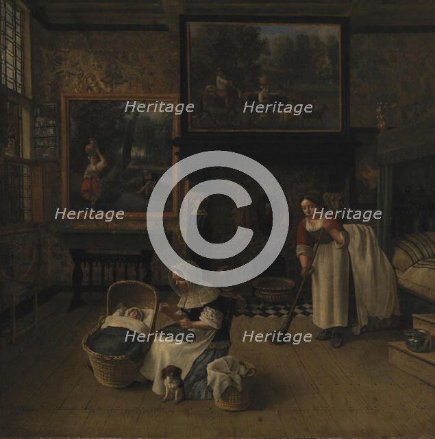 Interior with a Woman Embroidering and Rocking a Child in a Cradle, 1671. Creator: Jan Siberechts.