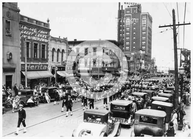 The Great Lakes Military Band on parade in Waukegan, Illinois, USA, 1920. Artist: Ekmark Photo