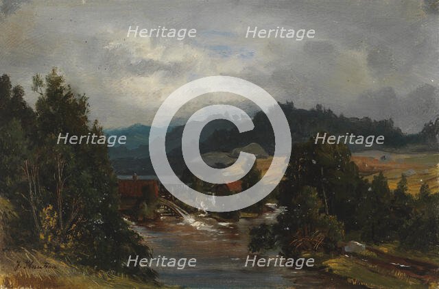 A mill pond in a river landscape, 1870-1879. Creator: Johan Knutson.