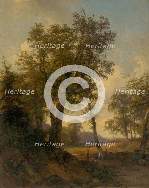 Alpine landscape with trees in the foreground, 1852. Creator: Joseph Hoger.