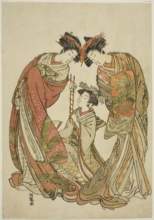 Two Courtesans Watching an Attendant Play with a Rat, c. 1777. Creator: Isoda Koryusai.