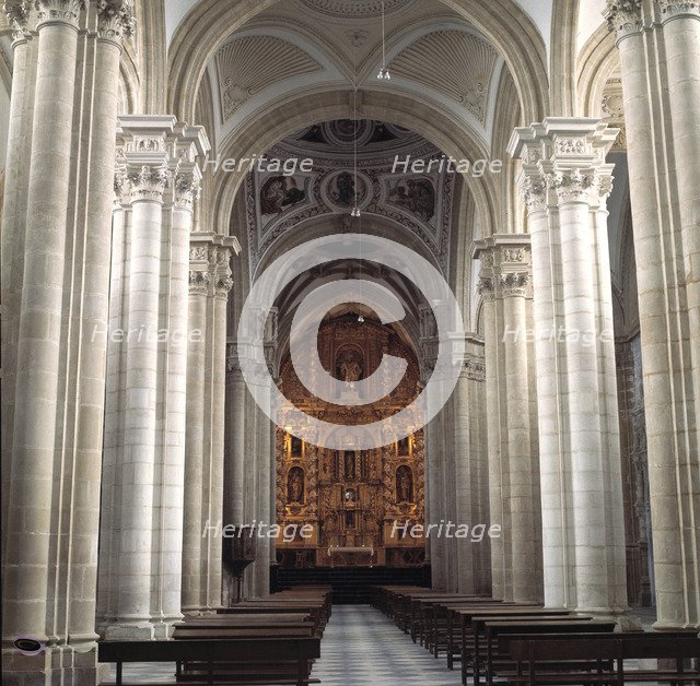 Interior of the Cathedral of Baeza, view of the main nave and altar.