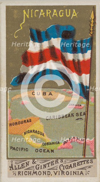 Nicaragua, from Flags of All Nations, Series 1 (N9) for Allen & Ginter Cigarettes Brands, 1887. Creator: Allen & Ginter.