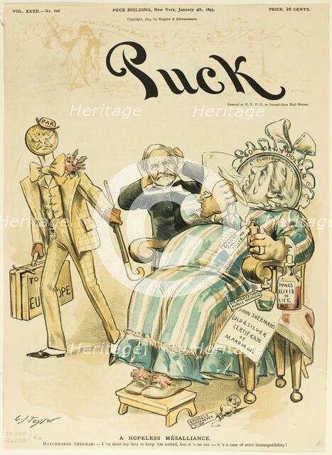 A Hopeless Mésalliance, from Puck, published January 4, 1893. Creator: Charles Jay Taylor.
