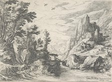 River landscape with a shepherd on a hill to the right. From: Views of the coast of Campania, 1590. Creator: Paul Brill.