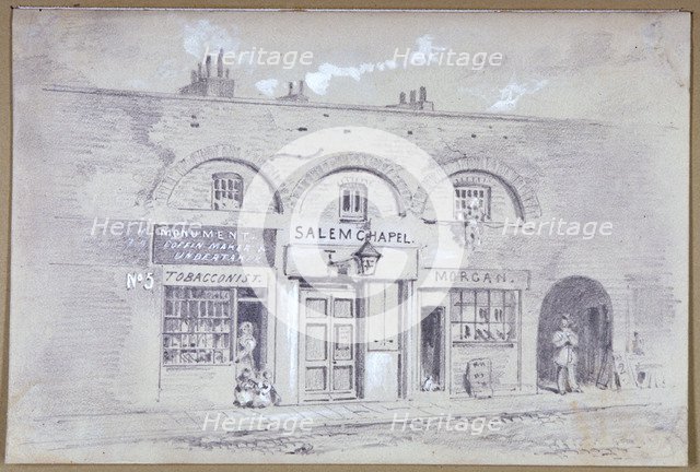 View of Salem Chapel and a tobacconists in Fitzroy Square, London, 1853.               Artist: Anon