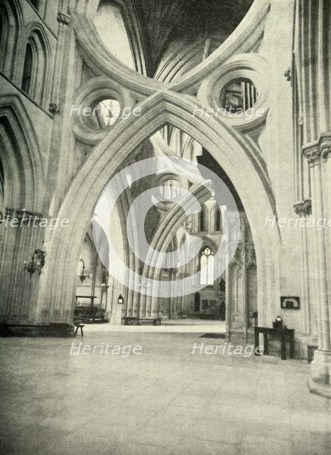 'Unusual Arches in Wells Cathedral - meet to form a St. Andrew's Cross and were so built in 1338 to  Creator: Unknown.