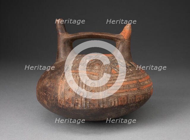 Double Spout and Bridge Vessel Depicting Incised and Painted Abstract Feline Face, 650/150 B.C. Creator: Unknown.