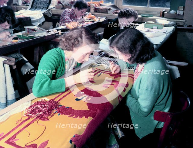 Embroidering the Royal Standard of Scotland used at the coronation of Queen Elizabeth II, 1953. Creator: Arthur Charles Kirby Ware.
