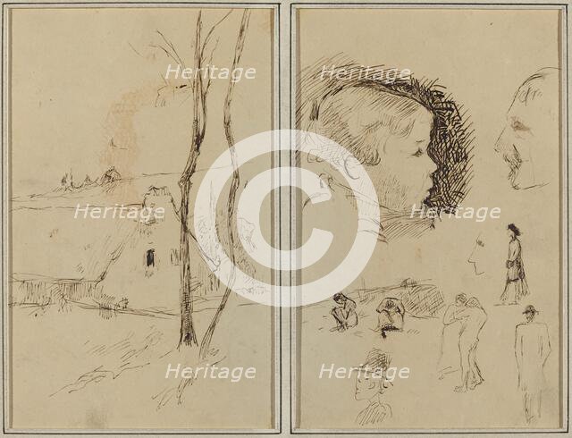Landscape with a Cottage; Profile of Boy, Profile of Man, Two Women..., [verso], 1884-1888. Creator: Paul Gauguin.