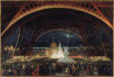 Night fete at the Universal Exhibition of 1889, under the Eiffel Tower, c1889. Creator: Alexandre-Georges Roux.