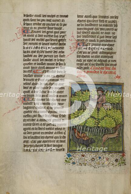 A Hunter and Dogs Pursuing a Roe Deer; Livre de la Chasse, about 1430-1440. Creator: Unknown.