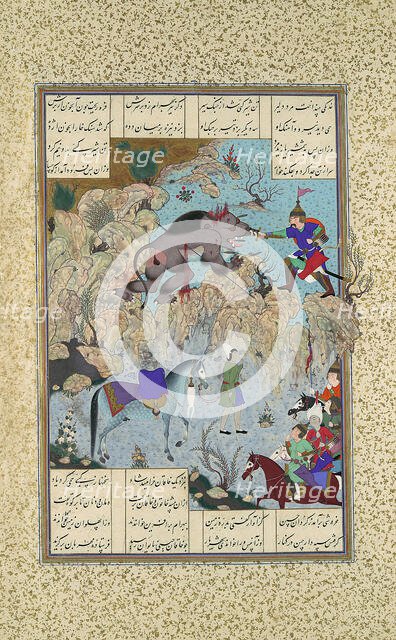 Bahram Chubina Slays the Lion-Ape, Folio 715v from the Shahnama (Book of Kings)..., c1530-35. Creators: Qasim ibn 'Ali, Mir Musavvir.