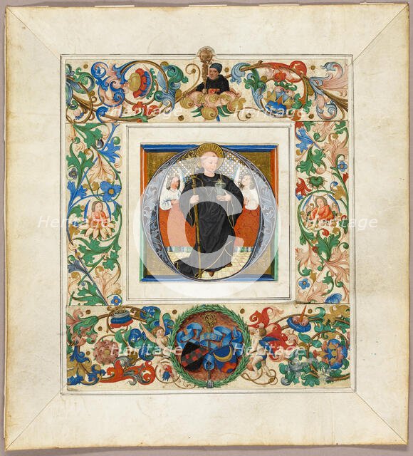 Saint Benedict, initial ‘O’, with border fragments from a Missal, 1491. Creator: Jakob Elsner.