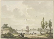 Three barges sail on a river, a man with a donkey in the foreground, four figures further to the... Creator: Nicolaas Wicart.
