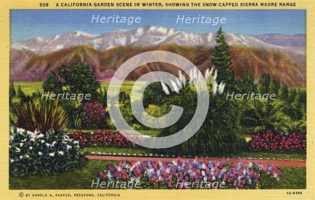 'A California Garden Scene in Winter Showing the Snow-capped Sierra Madre Range', 1931. Artist: Unknown