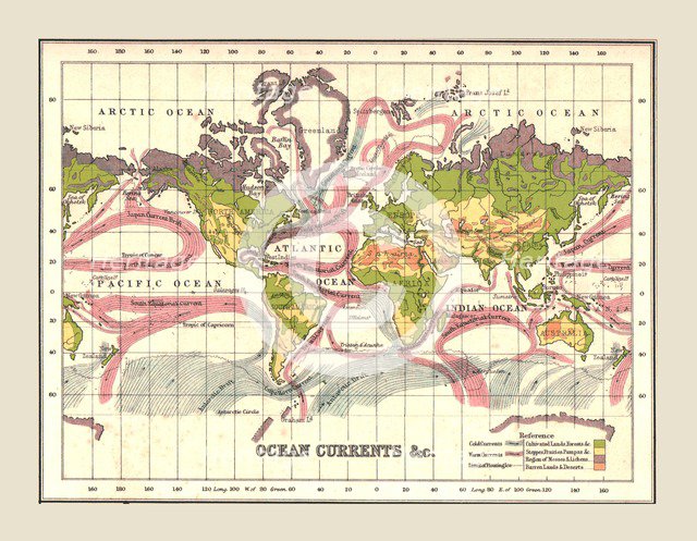 World Map showing Ocean Currents, 1902.  Creator: Unknown.