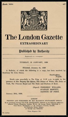 An extraordinary bulletin by The London Gazette anouncing the death of King George V (1865-1936). Artist: Unknown.