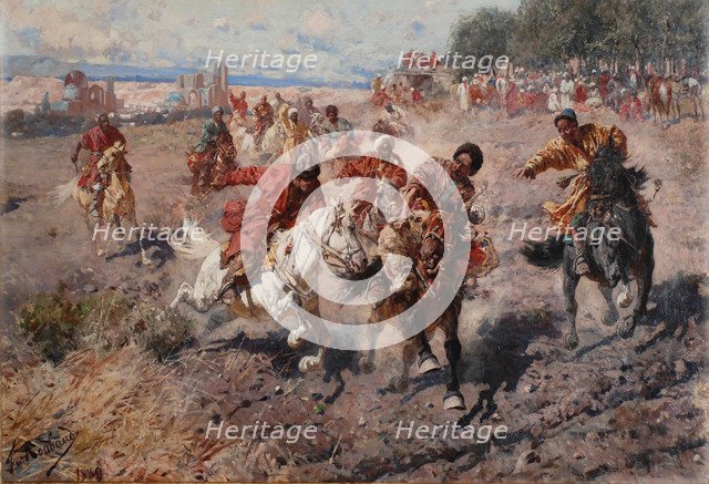 Cherkess Celebrating the end of Muharram with the Equestrian Sport of the Dash for the Prize Lamb, 1889. Artist: Roubaud, Franz (1856-1928)
