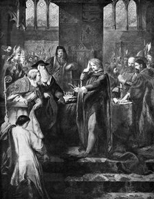 King Richard II resigning the crown to his cousin Bolingbroke, 1399, (c1920). Artist: Unknown