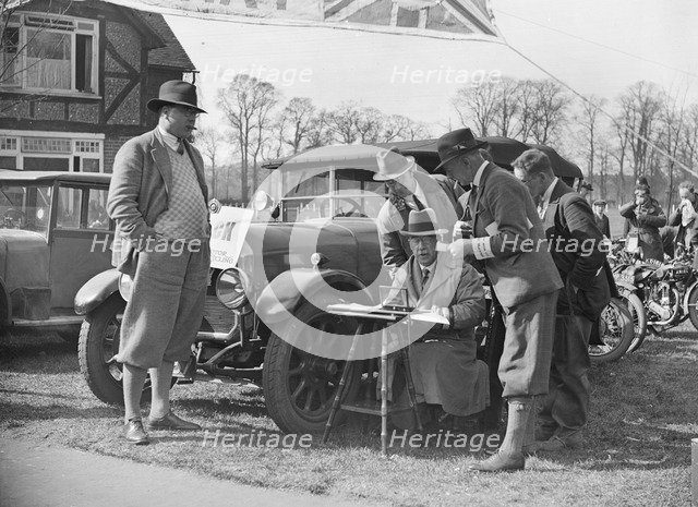 Surbiton Motor Club motorcycle trial, Talbot Hotel, Ripley, Surrey, c1930.   Artist: Bill Brunell.