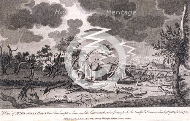 Lewis Brown's house during the storm on the night of 15th October, Roehampton, 1780. Artist: Anon