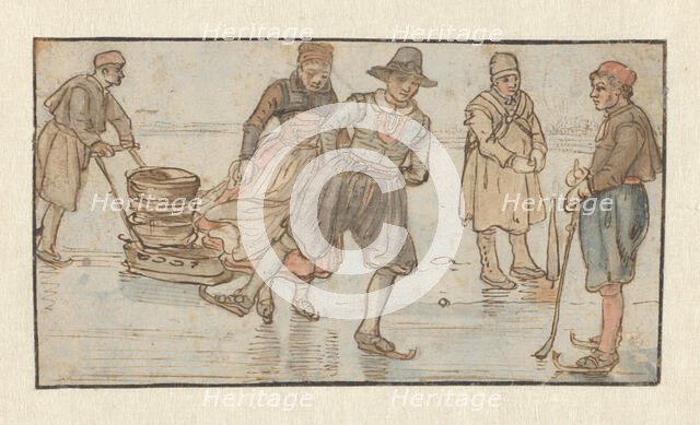 Skaters on the Ice, a Man Pushing a Sledge and a Kolf-player / verso: Two Skaters, c.1620-c.1625. Creator: Hendrick Avercamp.