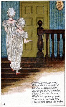 Illustration for 'Goosey, goosey gander, where shall I wander?', Kate Greenaway (1846-1901). Artist: Catherine Greenaway