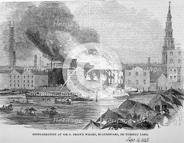 Destruction of Sir C Price's oil warehouse and wharf, William Street, Blackfriars, London, 1845. Artist: Anon
